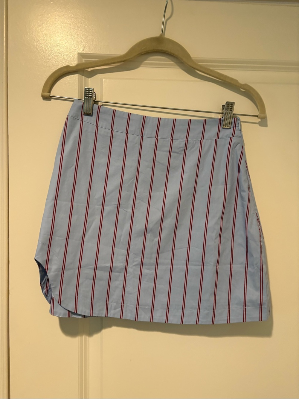 Line and Dot Striped Mini Skirt in Light Blue and Red - Women